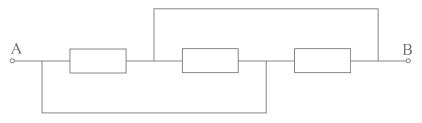 Найти сопротивление между точками A и B. Сопротивление каждого резистора равно