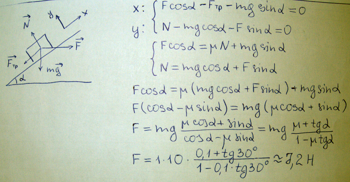 На наклонную плоскость, образующую угол 30 с горизонтом, положили груз массой 1кг. Коэффициент трения